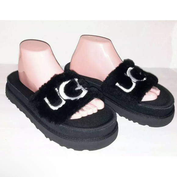 UGG WOMEN'S LATON GENUINE SHEARLING SLIDE SANDALS BLACK SIZE 9 - Picture 2 of 7